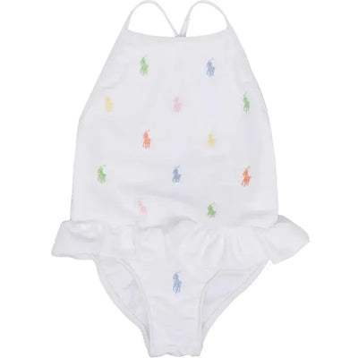Ruffled white polo dress and bloomer set for babies, featuring colorful embroidered polo logos.