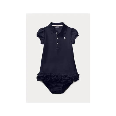 Ralph Lauren baby ruffled polo dress in French navy with short sleeves, a ruffled hem, and a small logo on the chest.