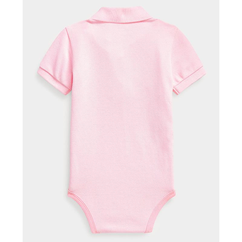 Short-sleeve basic mesh bodysuit in Carmel Pink by Ralph Lauren, featuring a collar and snap closures.