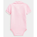 Short-sleeve basic mesh bodysuit in Carmel Pink by Ralph Lauren, featuring a collar and snap closures.