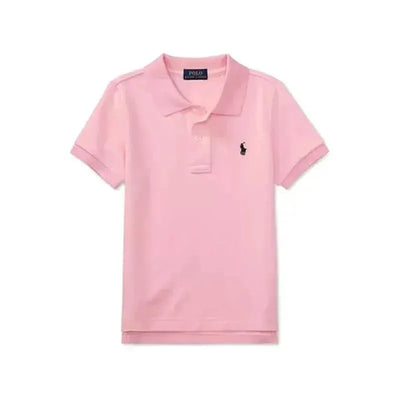 Short-sleeve basic mesh polo in Carmel Pink by Ralph Lauren Baby with a small black logo on the chest.