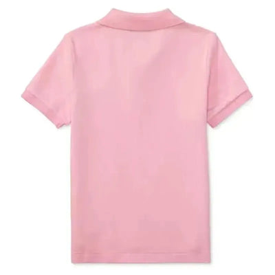 Short-sleeve basic mesh polo for babies in a solid caramel pink color, featuring a classic collar and rolled sleeves.