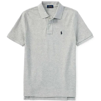 Short-sleeve grey heather polo shirt by Ralph Lauren Baby featuring a classic collar and small embroidered logo.