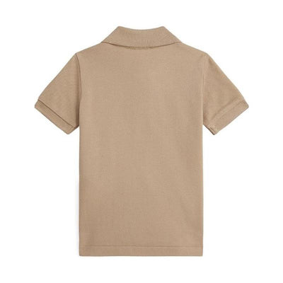 Short-sleeve khaki polo shirt for babies, featuring a ribbed collar and soft mesh fabric.