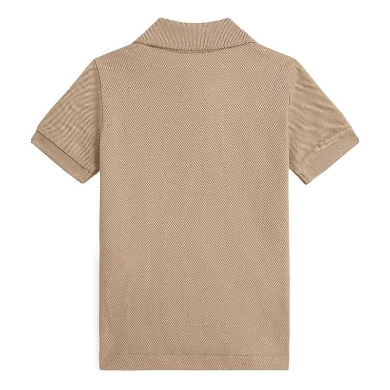 Short-sleeve baby polo shirt in solid beige mesh fabric with a classic collar and cuffed sleeves.
