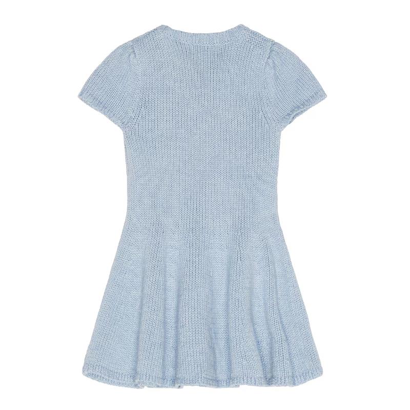 Heather blue short-sleeve sweater dress for babies, featuring a soft knit texture and flared skirt.