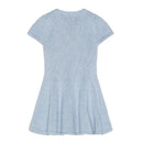 Heather blue short-sleeve sweater dress for babies, featuring a soft knit texture and flared skirt.