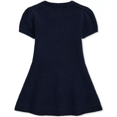 Short-sleeve navy cotton sweater dress with a flared skirt design, suitable for baby girls.