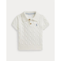 Short-sleeve cotton cable-knit polo in Deckwash White with a collared neckline and wooden buttons, featuring the Ralph Lauren logo.