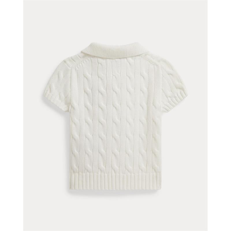 Short-sleeve cotton polo for babies in Deckwash White, featuring a cable-knit design and ribbed collar and hem.