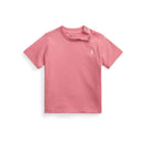 Short-sleeve cotton jersey crewneck t-shirt in Carmel Pink for babies, featuring a small embroidered logo.