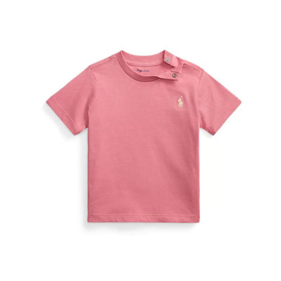 Short-sleeve cotton jersey crewneck t-shirt in Carmel Pink for babies, featuring a small embroidered logo.