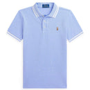 Short-sleeve cotton polo shirt in solid harbor island blue with white striped collar, featuring a small embroidered logo.