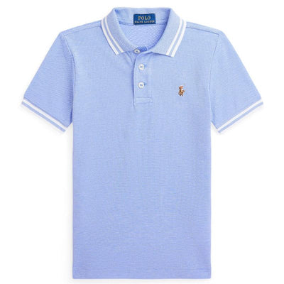 Short-sleeve cotton polo shirt in solid harbor island blue with white striped collar, featuring a small embroidered logo.