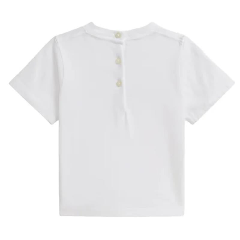 Short-sleeve white polo t-shirt featuring a buttoned back; designed for babies by Ralph Lauren.