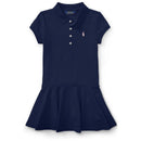 Navy blue short-sleeve polo dress with a flared skirt, featuring a small embroidered pony logo and button placket.