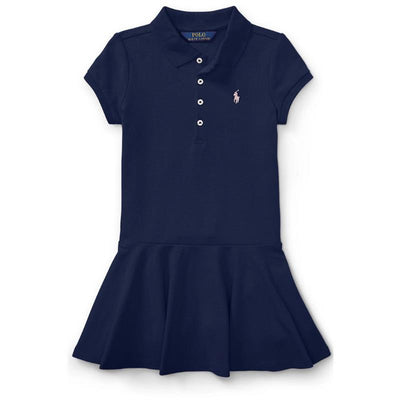 Navy blue short-sleeve polo dress with a flared skirt, featuring a small embroidered pony logo and button placket.