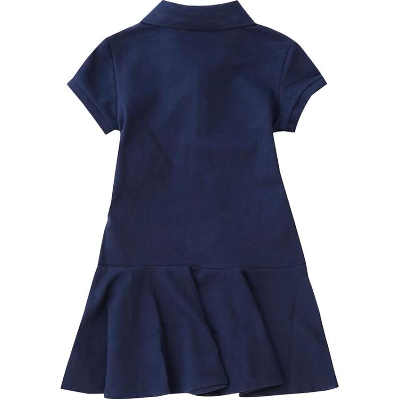 Ralph Lauren baby dress with short sleeves, made from stretch cotton mesh, featuring a refined navy color and flared hem.