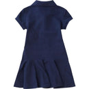 Ralph Lauren baby dress with short sleeves, made from stretch cotton mesh, featuring a refined navy color and flared hem.