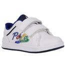 Ralph Lauren Baby Toddler Boy Heritage Court IV graphic sneakers with white leather, Velcro straps, and colorful logo.