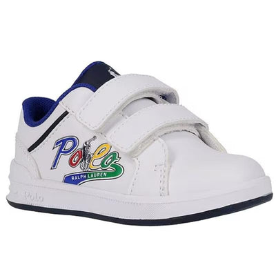 Ralph Lauren Baby Toddler Boy Heritage Court IV graphic sneakers with white leather, Velcro straps, and colorful logo.