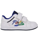 Ralph Lauren Baby toddler boy white sneakers with blue accents, featuring Velcro straps and colorful Polo logo.