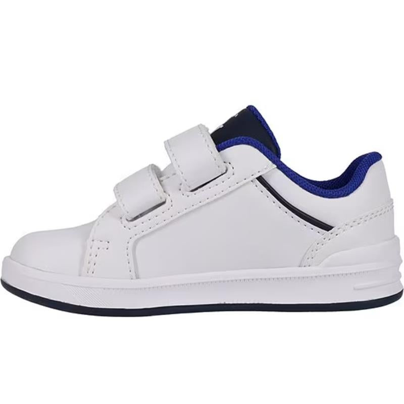 Ralph Lauren Baby Toddler Boy Heritage Court IV Graphic EZ Sneakers in white with blue accents and Velcro straps.