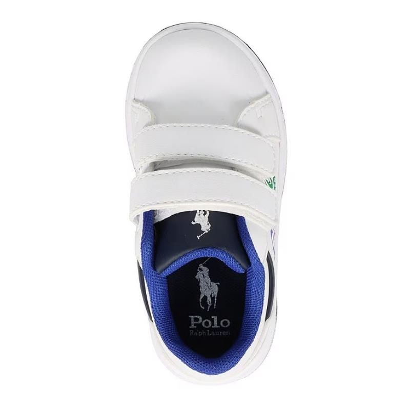 White Ralph Lauren Baby Toddler Boy Heritage Court IV sneakers with blue inner lining and Velcro straps.