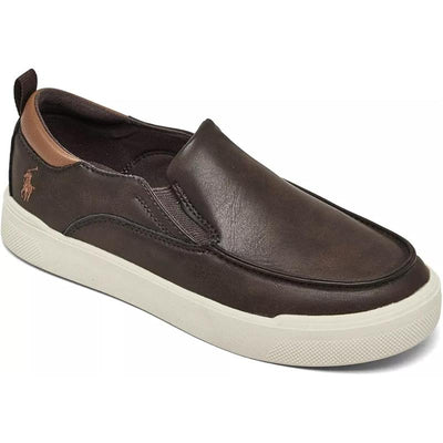 Toddler slip-on shoes in chocolate brown leather with a tan accent and white rubber sole, featuring the Ralph Lauren logo.