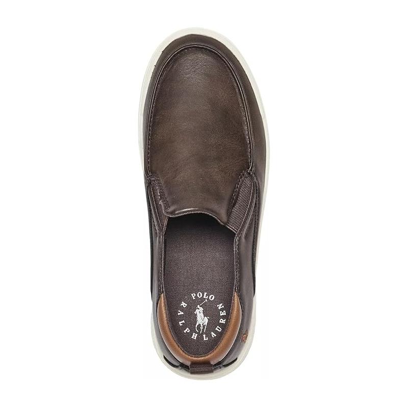 Chocolate brown slip-on shoe from Ralph Lauren Baby, featuring a tan heel and branded insole.
