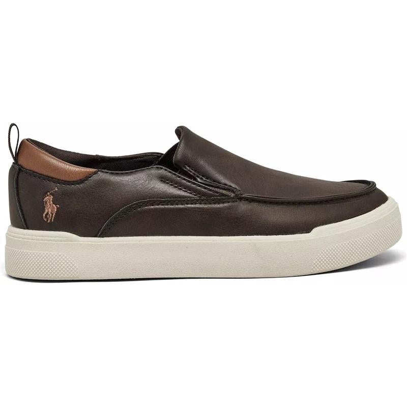 Toddler slip-on shoes in chocolate brown leather with tan accents and a white sole, featuring the Ralph Lauren logo.