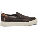 Toddler slip-on shoes in chocolate brown leather with tan accents and a white sole, featuring the Ralph Lauren logo.