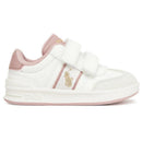 Ralph Lauren Baby-Toddler Girl Heritage Court III T-Toe Ez sneakers in white with pink details and Velcro straps.