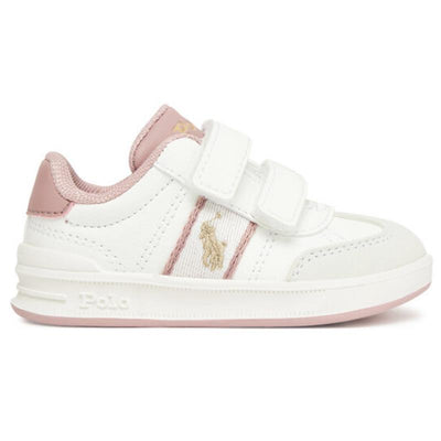 Ralph Lauren Baby-Toddler Girl Heritage Court III T-Toe Ez sneakers in white with pink details and Velcro straps.