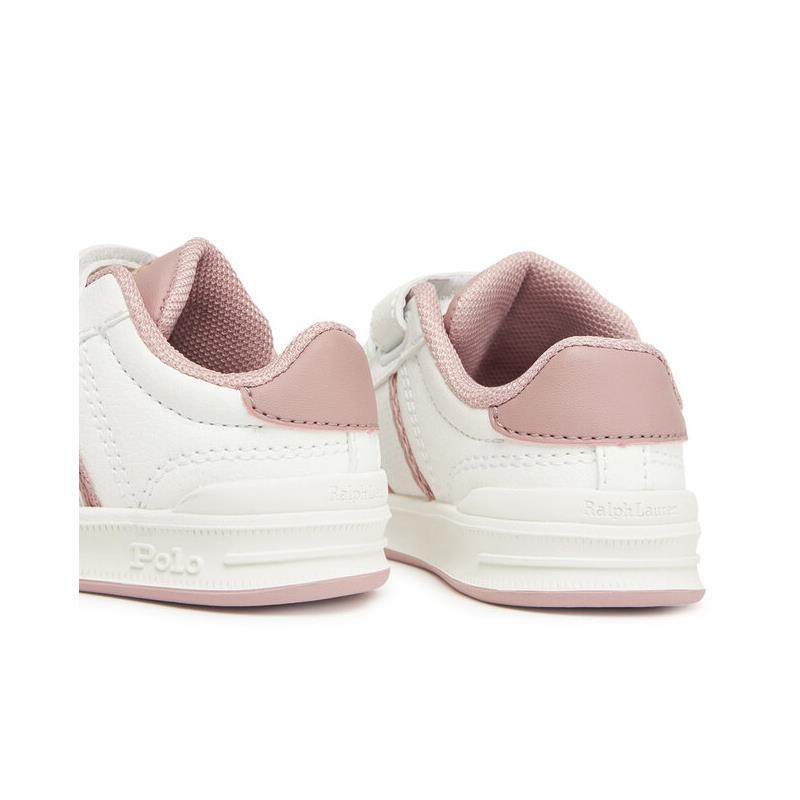White and pink Ralph Lauren Baby-Toddler Girl Heritage Court III T-Toe sneakers showing the back view with Velcro strap.