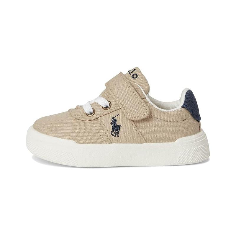 Ralph Lauren Baby-Toddler unisex casual shoes in beige canvas with velcro strap and white rubber sole.