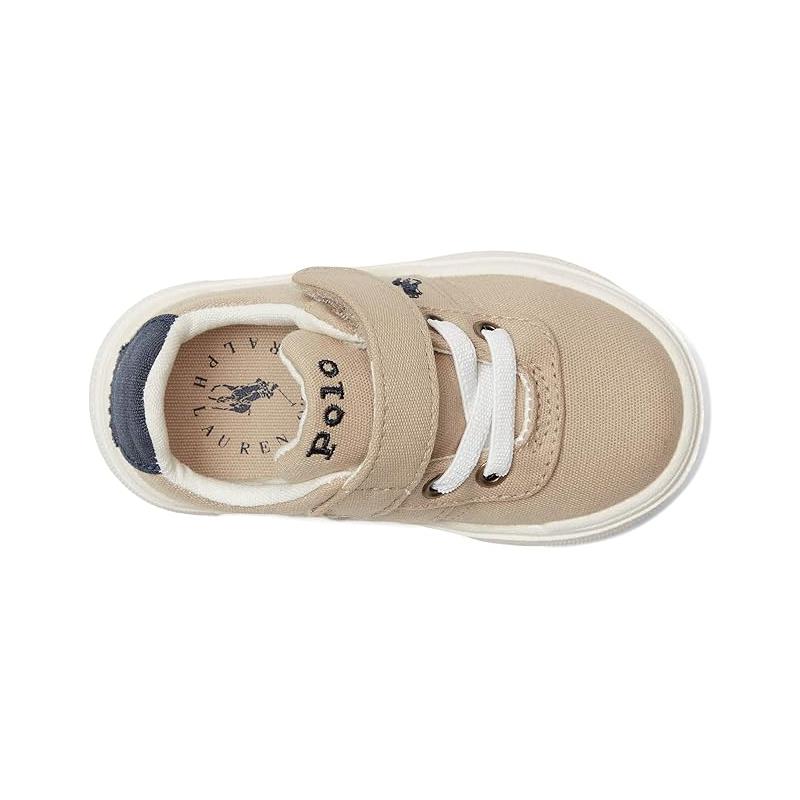 Tans and white toddler sneaker with Velcro strap, featuring the Polo Ralph Lauren logo inside.