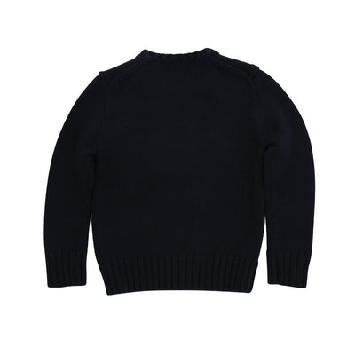 Navy unisex cotton crewneck sweater for babies, featuring ribbed cuffs and hem, shown from the back.