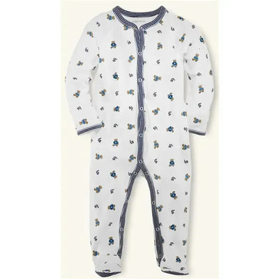 Cotton coverall in French navy with Ralph Lauren bear print, featuring long sleeves and button front closure.