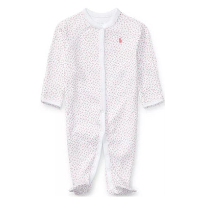 Floral printed pink coverall with long sleeves and front snap closure, featuring a small embroidered logo.