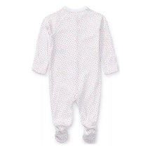 Pink floral printed coverall with long sleeves and footed design, featuring a white background and small floral patterns.
