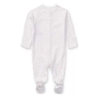 Pink floral printed coverall with long sleeves and footed design, featuring a white background and small floral patterns.