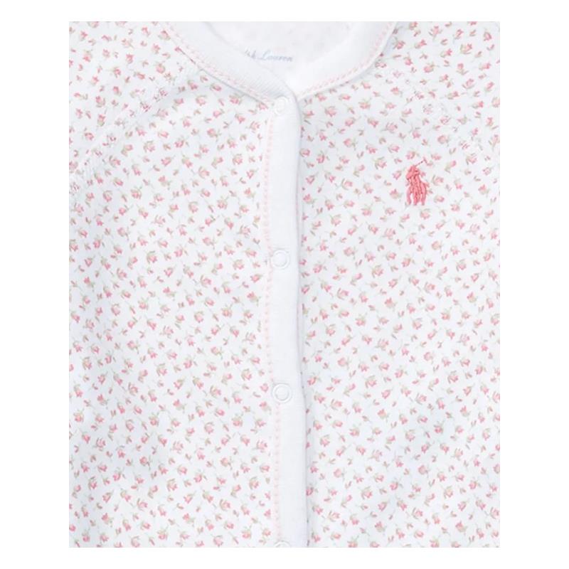 Ralph Lauren pink floral printed coverall featuring a button-up front and small embroidered logo.