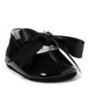 Black patent leather slipper for kids by Ralph Lauren, featuring a large satin bow detail on the front.