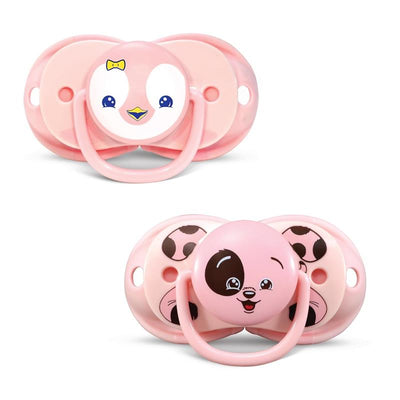 Double pack of Razbaby pacifiers featuring Reily Penguin and Penelope Puppy, designed with cute animal faces and handles.
