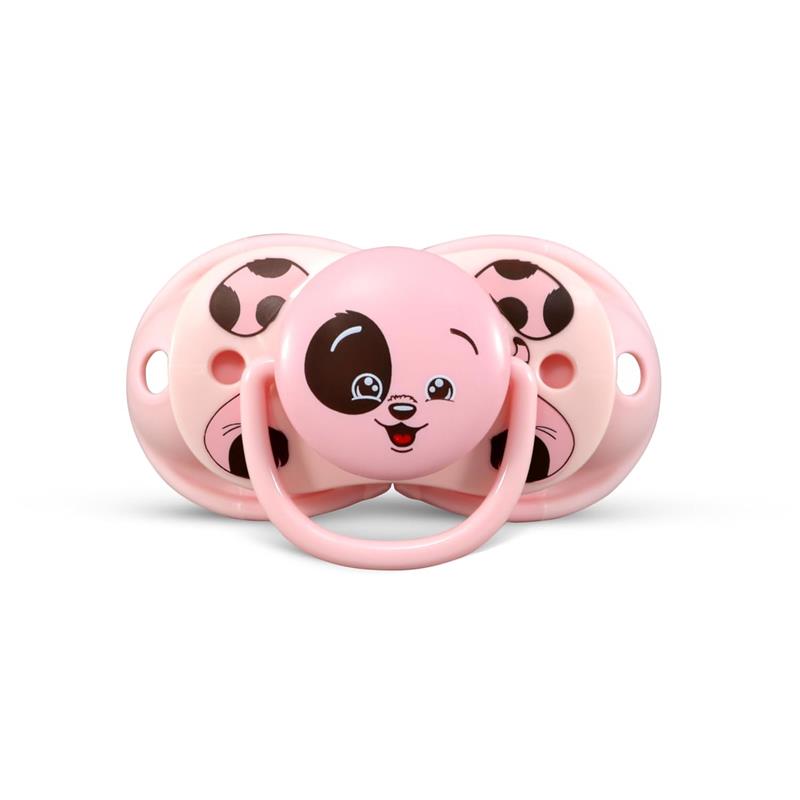Double pack of Razbaby pacifiers featuring a smiling puppy design in pink and black colors.