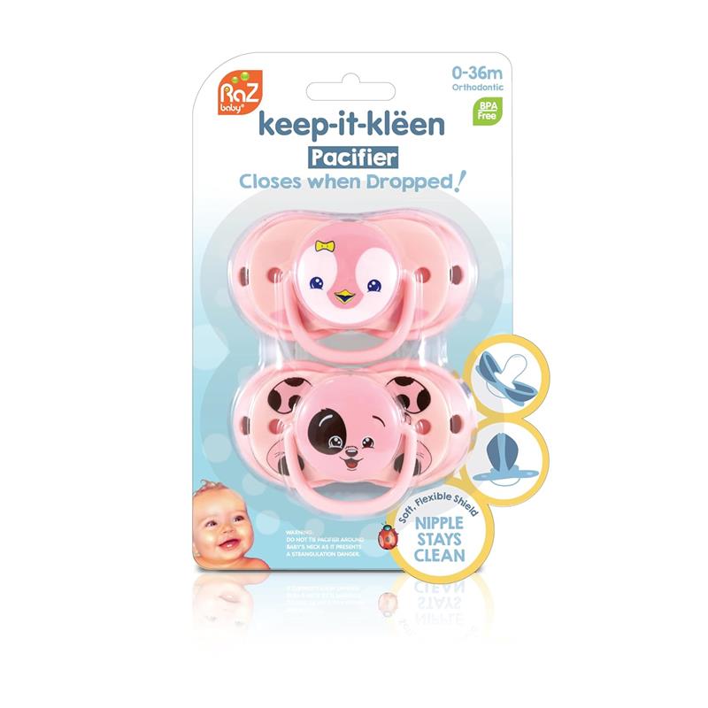 Razbaby Double Pack pacifiers featuring a penguin and puppy design, BPA-free, suitable for ages 0-36 months.