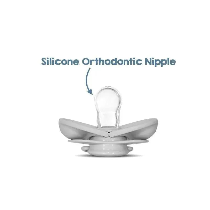 Silicone orthodontic nipple pacifier positioned upright, featuring a soft rounded shape and clear nipple design.