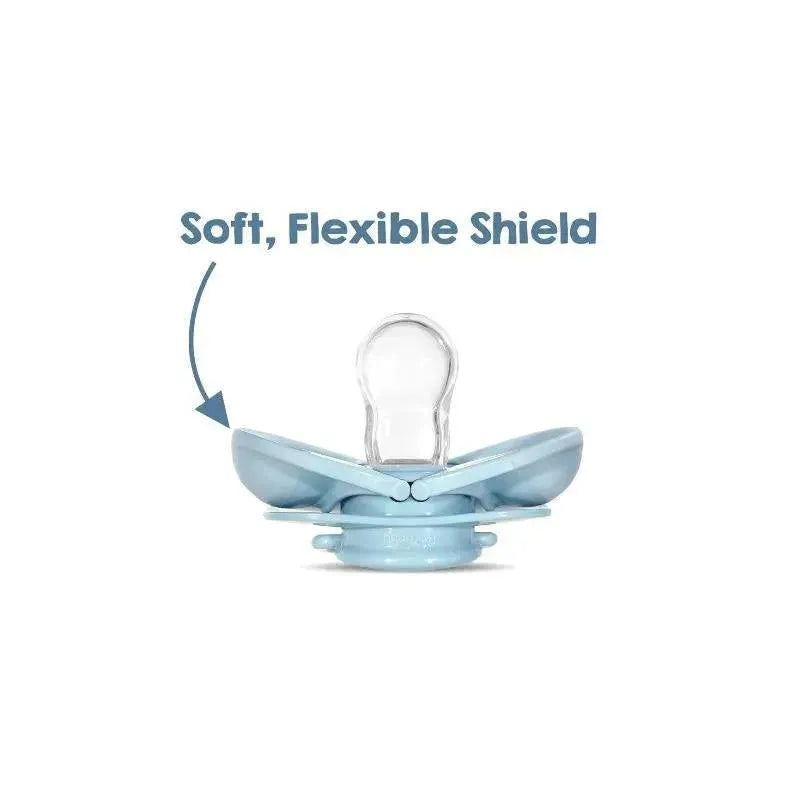 Razbaby Keep It Kleen Pacifier in blue with a soft, flexible shield, showcasing its features.