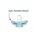 Razbaby Keep It Kleen Pacifier in blue with a soft, flexible shield, showcasing its features.